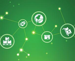 Green background with interconnected icons featuring a globe with leaves, a price tag, a pallet with boxes, a shipping box, and a delivery truck.