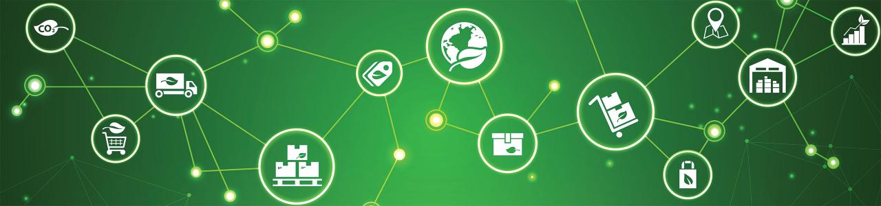 Green background featuring interconnected icons representing various logistics and supply chain elements, including trucks, warehouses, charts, and packages.