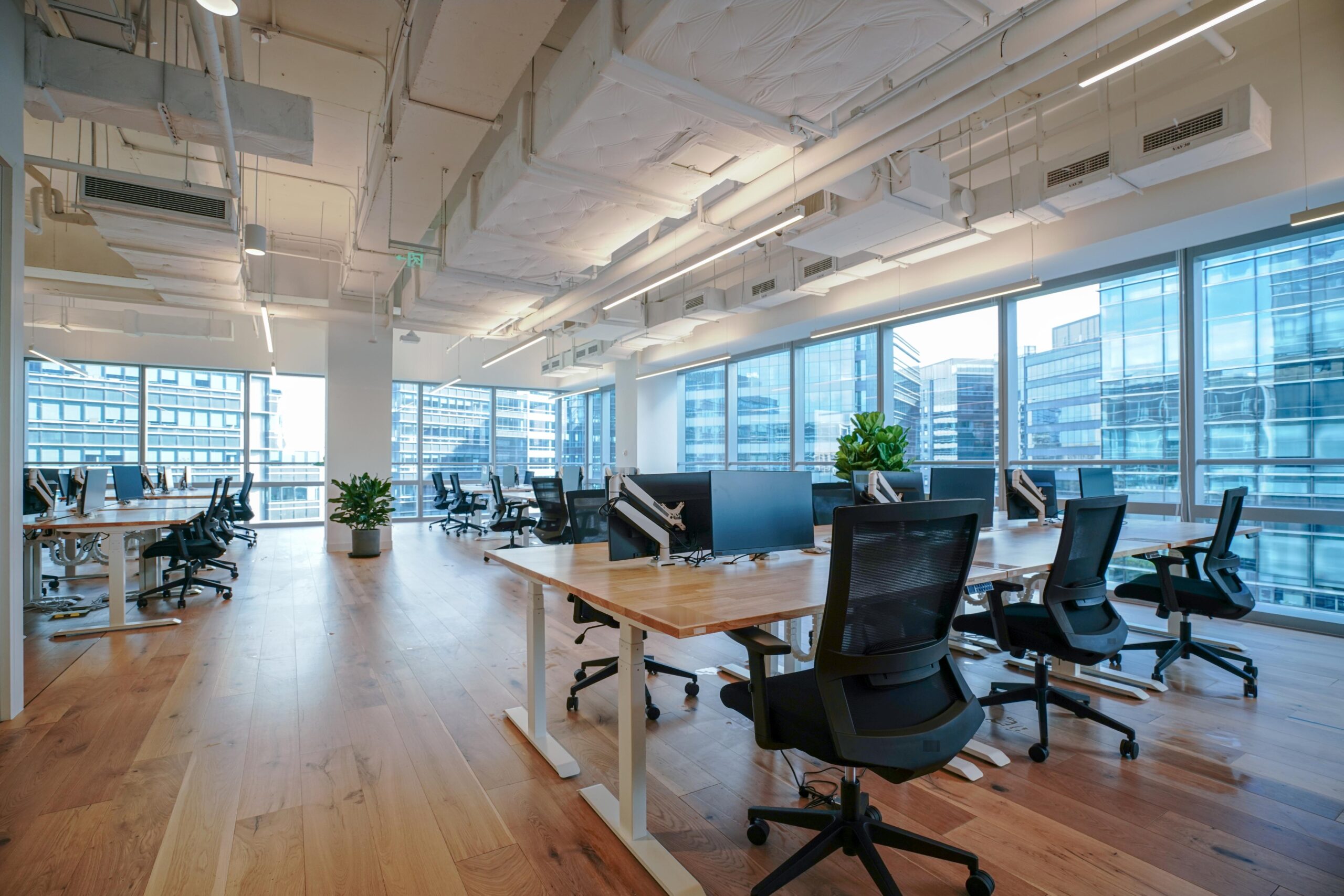 An open office space with wooden floors, filled with empty workstations and ergonomic chairs. Large windows provide abundant natural light and views of surrounding buildings. Several plants decorate the area.