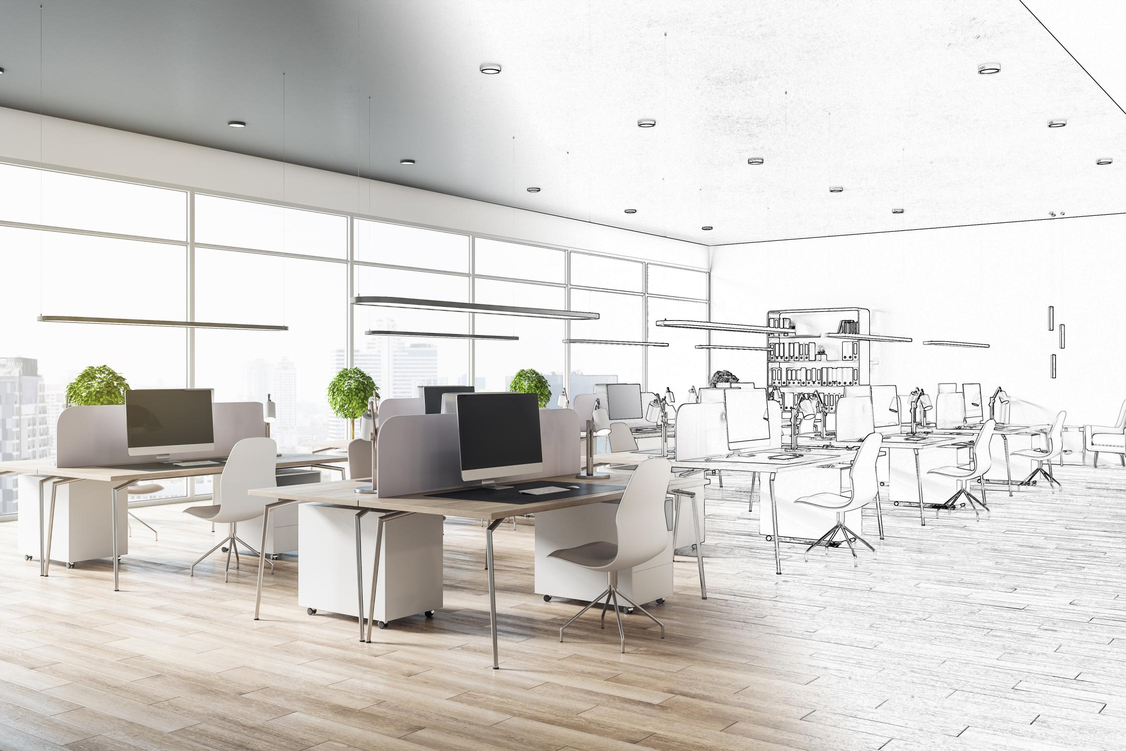 A modern office space is shown, with desks, chairs, computers, and green plants. Half of the image is a realistic depiction while the other half is a black and white sketch.