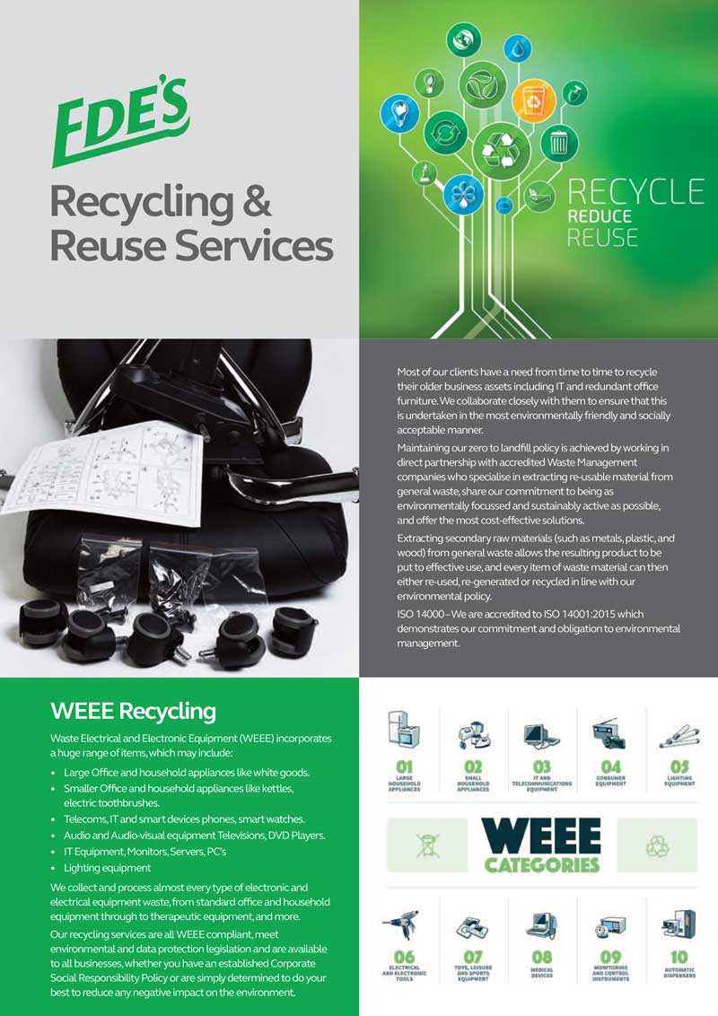 Promotional flyer for EDE's Recycling & Reuse Services, including WEEE recycling. Features information on recycling strategies, services offered, various categories of recyclable items, and environmental commitment.