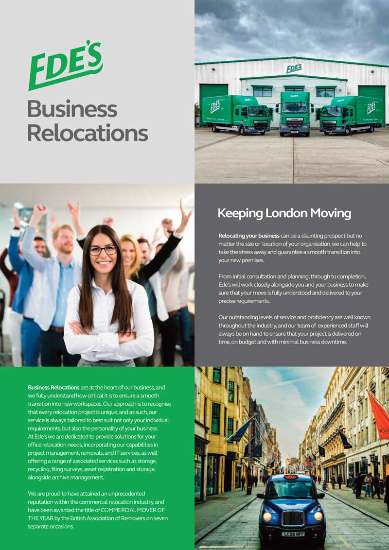 A promotional flyer for Ede's Business Relocations, featuring images of a woman in business attire and Ede's branded trucks. Text highlights their services and commitment to smooth business transitions.