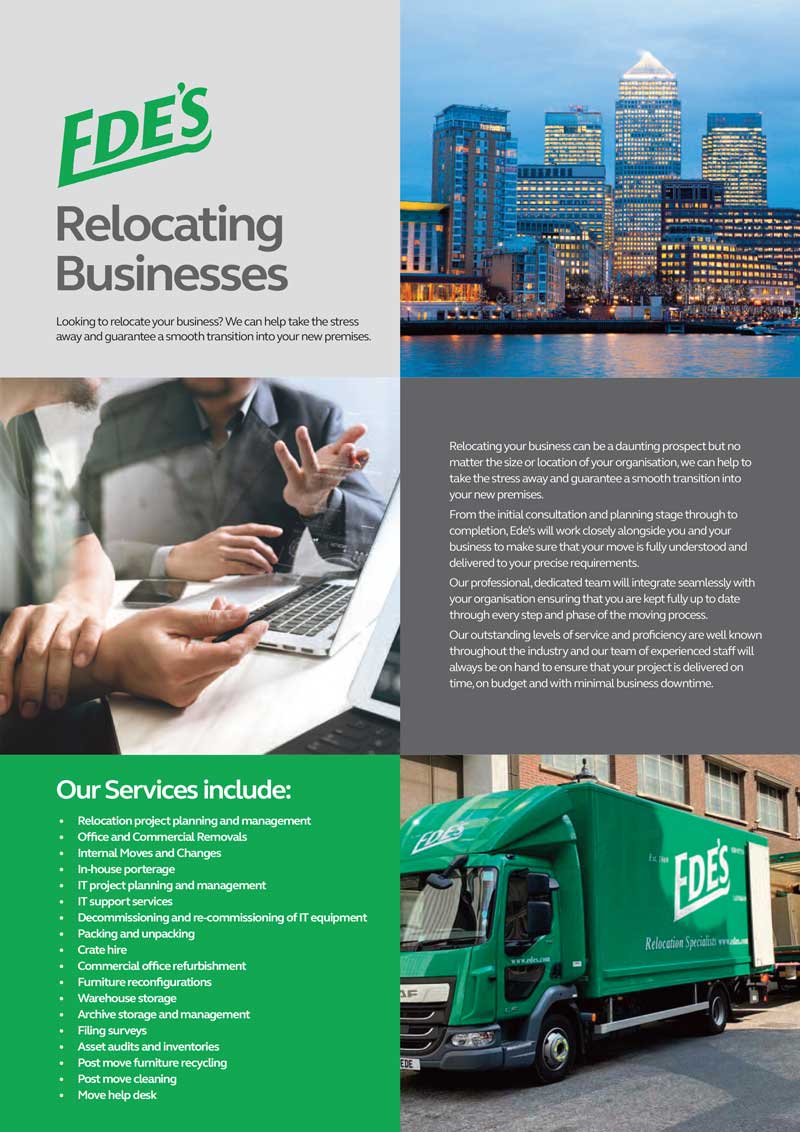 Promotional poster for Ede's Relocating Businesses featuring a nighttime cityscape, a moving truck, and an office meeting. Lists relocation services, including planning, project management, and IT equipment moving.