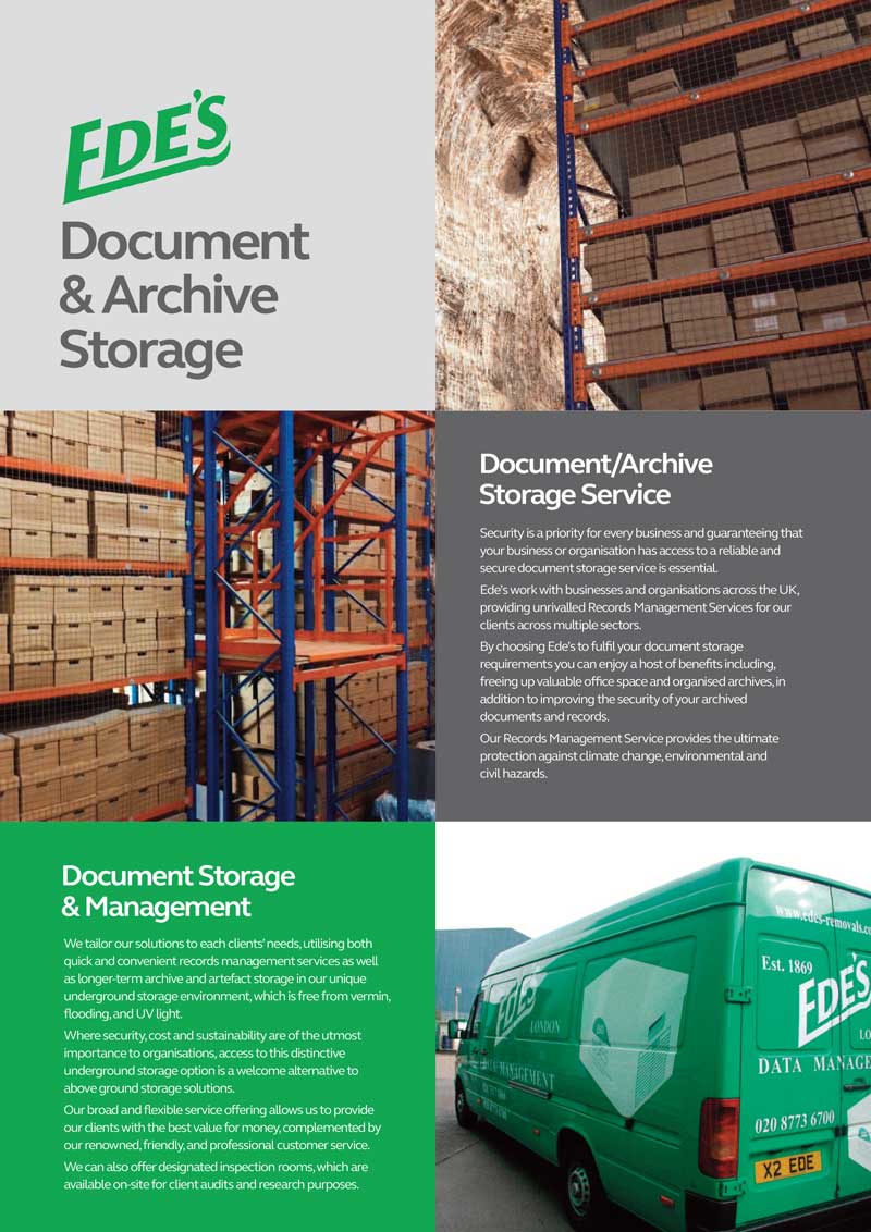 Ede's advertisement showcasing their document and archive storage services, featuring an image of shelves with boxes, a green van with company branding, and text detailing their security and management solutions.