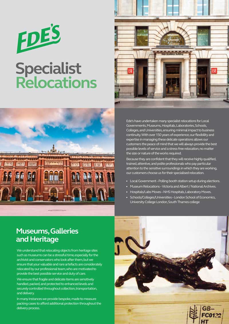 Brochure page highlighting Ede's Specialist Relocations services, emphasizing experience in moving valuable items for museums, galleries, and heritage sites. Includes images of historic buildings.