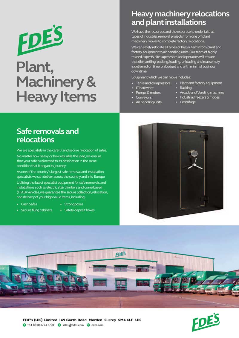 EDE's advertisement for plant machinery and heavy item relocations, highlighting safe removals and installations. Features text about their services, contact details, and images of green EDE's trucks and a safe.