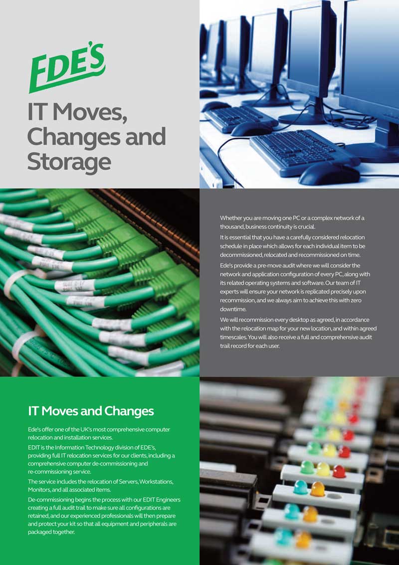 A flyer for EDE's IT Moves, Changes, and Storage services, including images of cables, computers, and data center equipment. Describes the company’s expertise in IT relocation and related services.